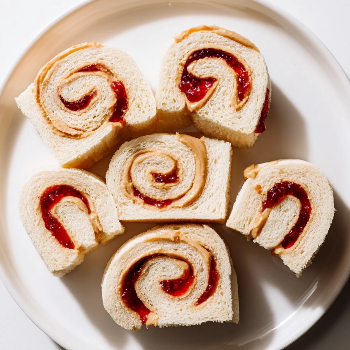 Freshly cut peanut butter and jelly pinwheel rolls, a colorful and fun simple sandwich snack.