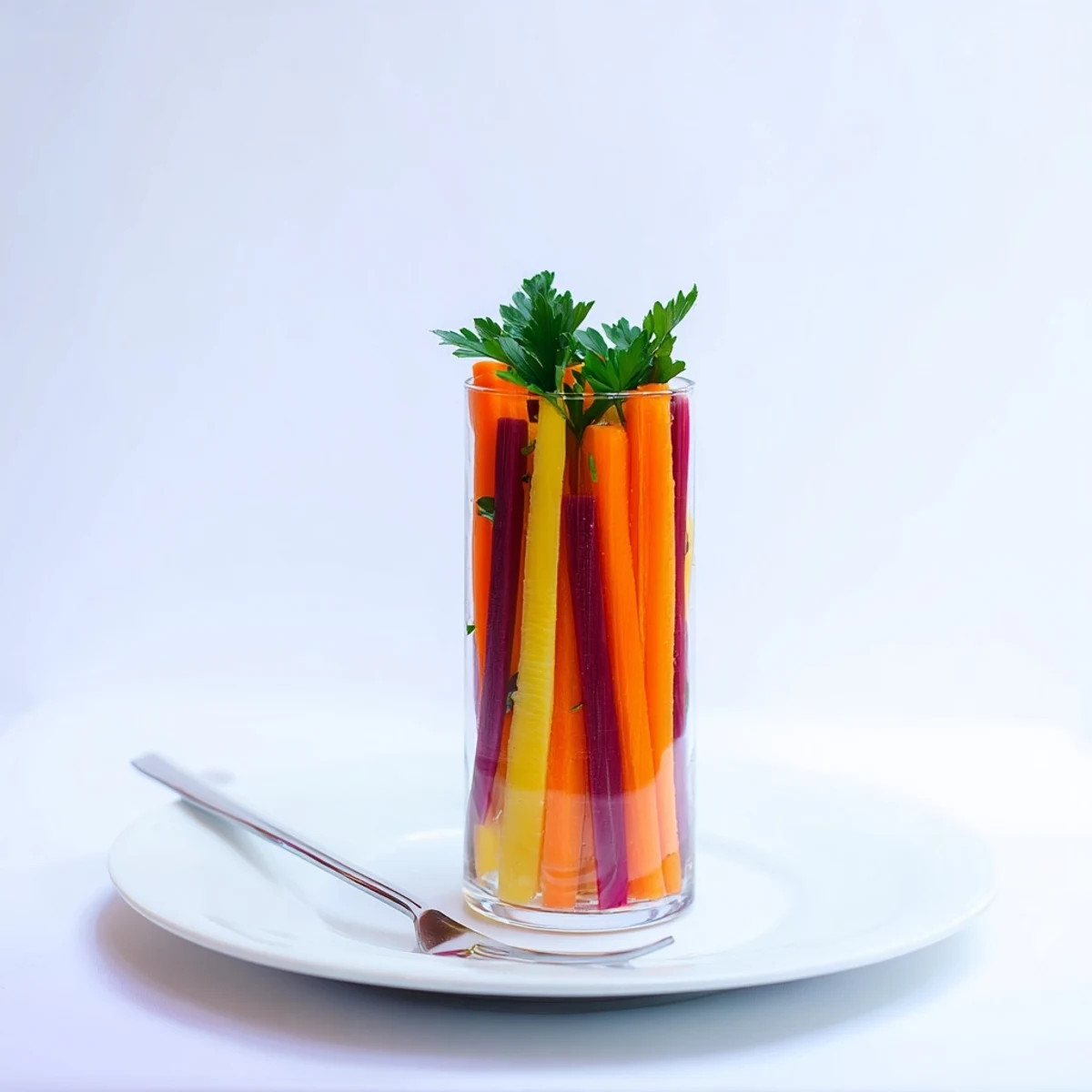 Colorful carrots, an array of orange, purple, red, and yellow, are served in elegant tall glasses.