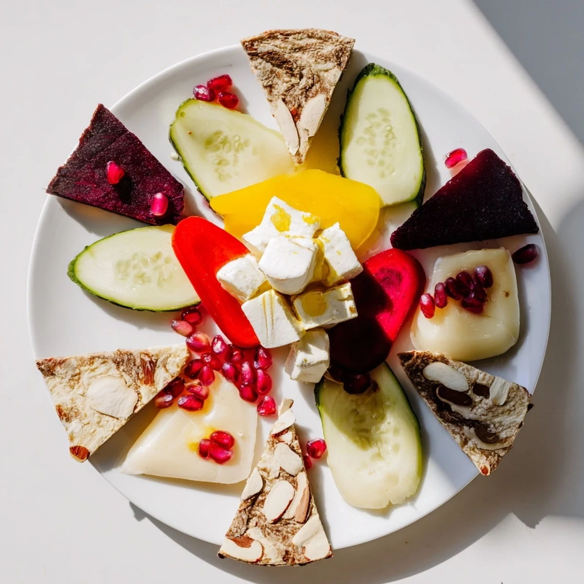 This intricate The Tessellation Triangle appetizer presents colorful cheese, veggie, and fruit triangles beautifully arranged.