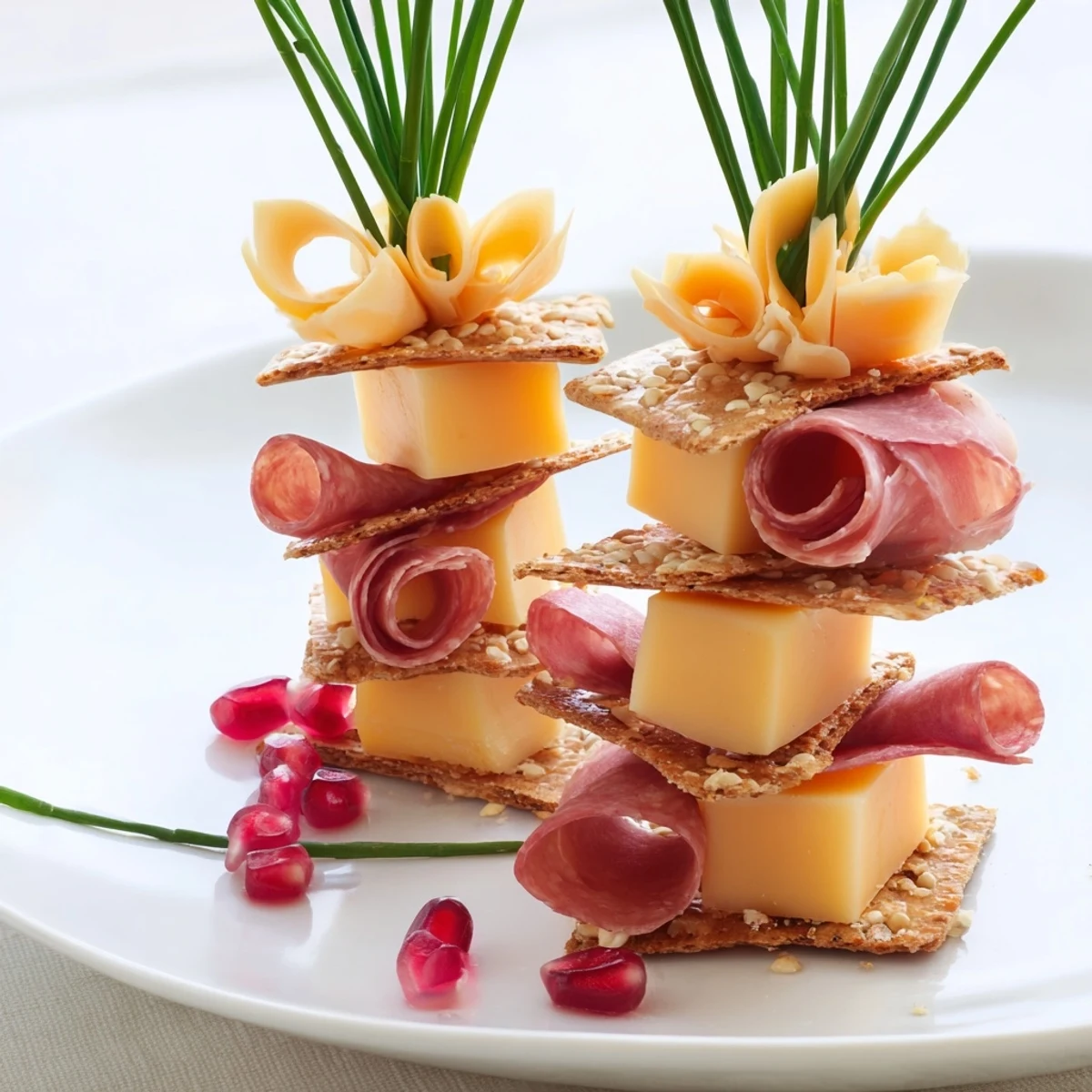 Layered Urban Skyline appetizer: A visually stunning platter of cheese, meats, and crackers built like a city.