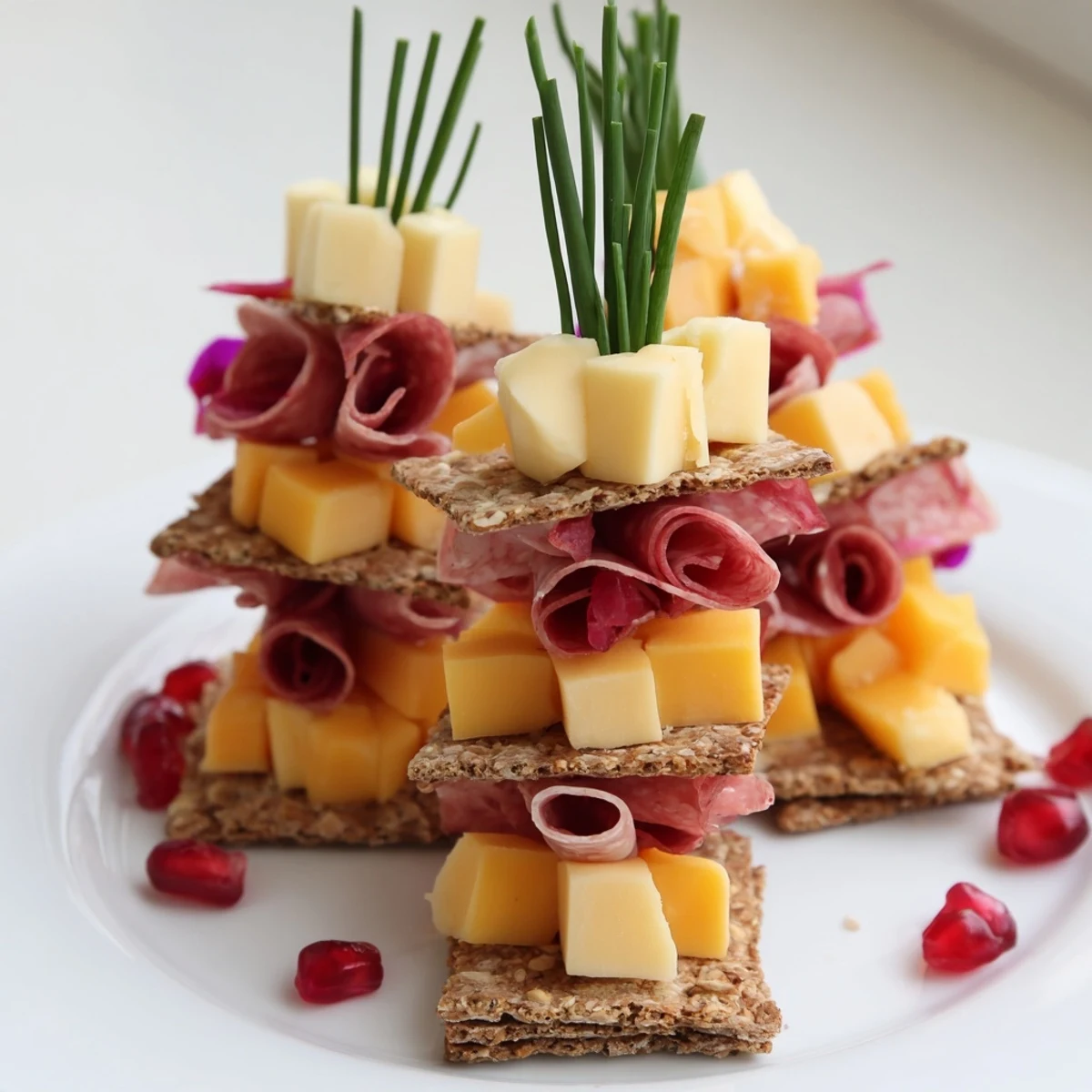 Easy Layered Urban Skyline appetizer with colorful cheese cubes and folded meats rising tall.