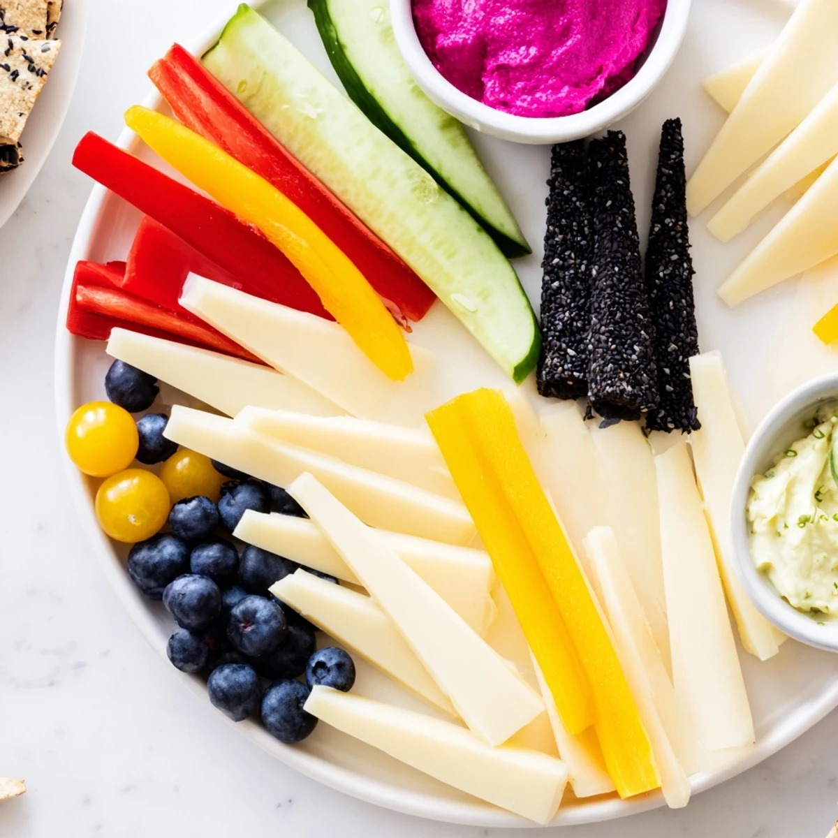 Zig-Zag Lightning Strike appetizer with vibrant veggies, cheeses, and dips, ready to serve and enjoy.