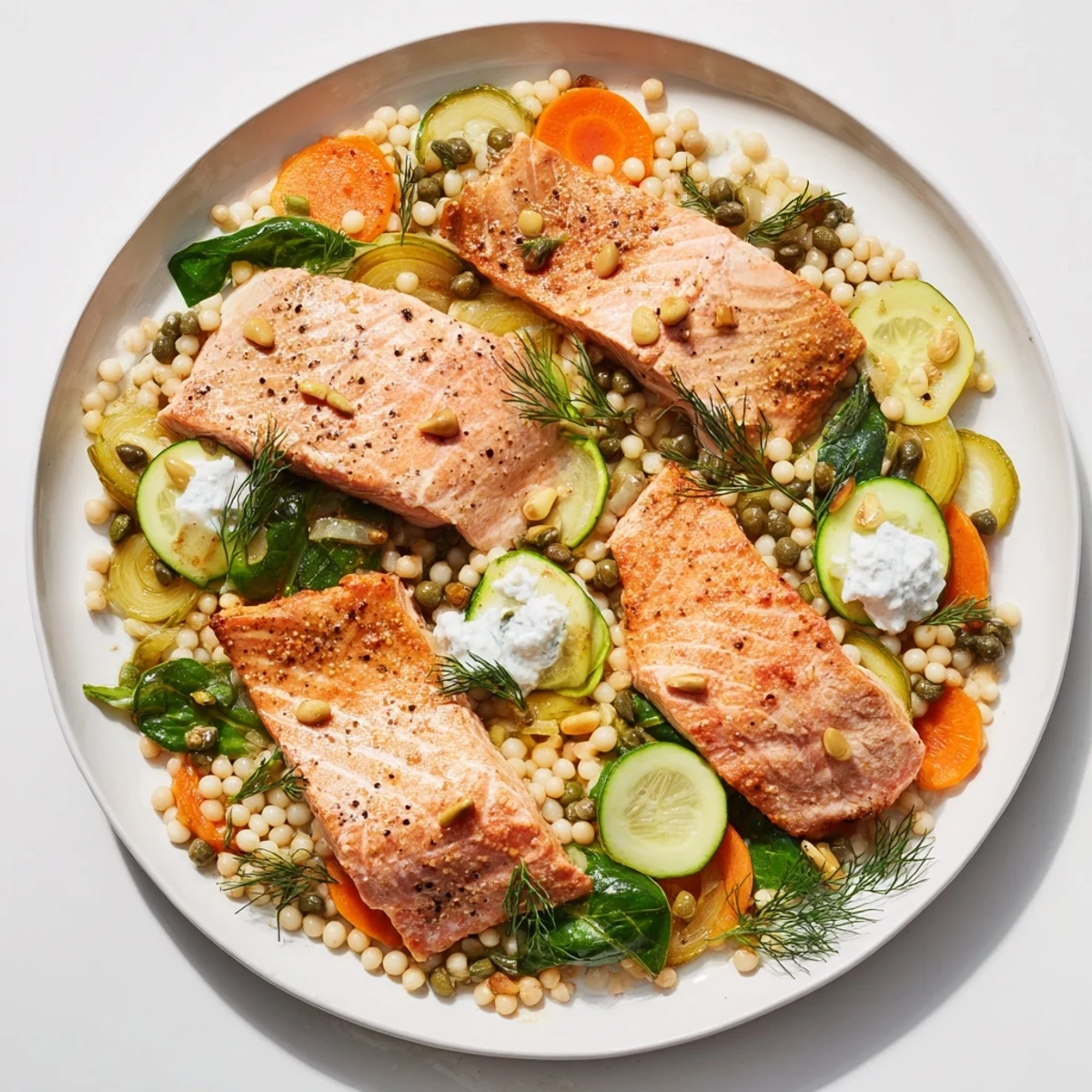 Savoury The Infinity Loop Flow, featuring cooked salmon and vibrant vegetables in an elegant figure-eight shape.