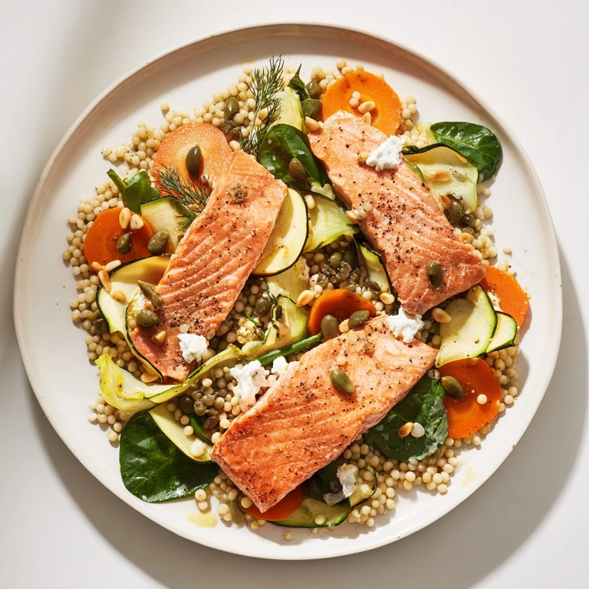 Elegant The Infinity Loop Flow dish: Flaked salmon and colorful veggies artfully arranged on couscous.
