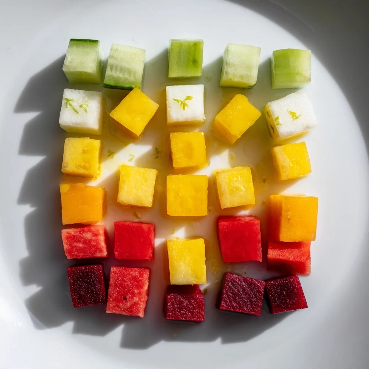 Vibrant Cube Geometry Salad featuring red beets and mango, drizzled with a light lemon dressing.