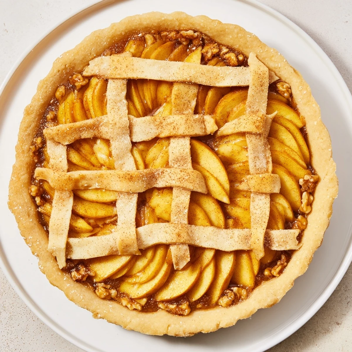 Golden-brown The Lattice Orchard dessert with perfectly woven apple slices and a sweet filling.