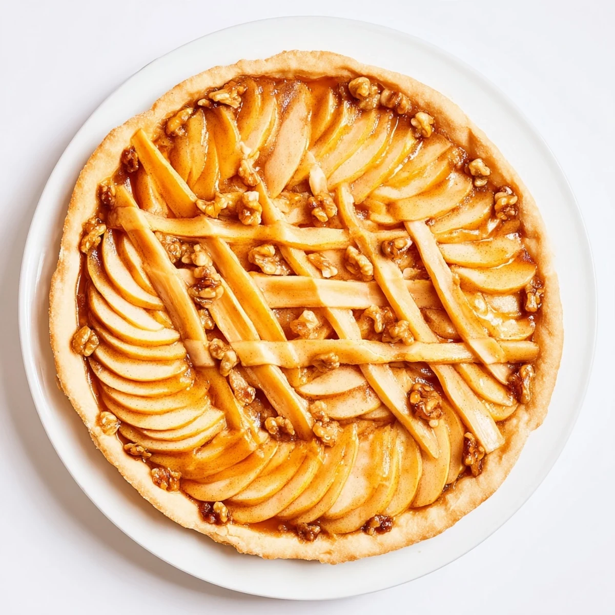 A close-up view of The Lattice Orchard displays a beautiful, fruit-filled, golden-crusted pie.