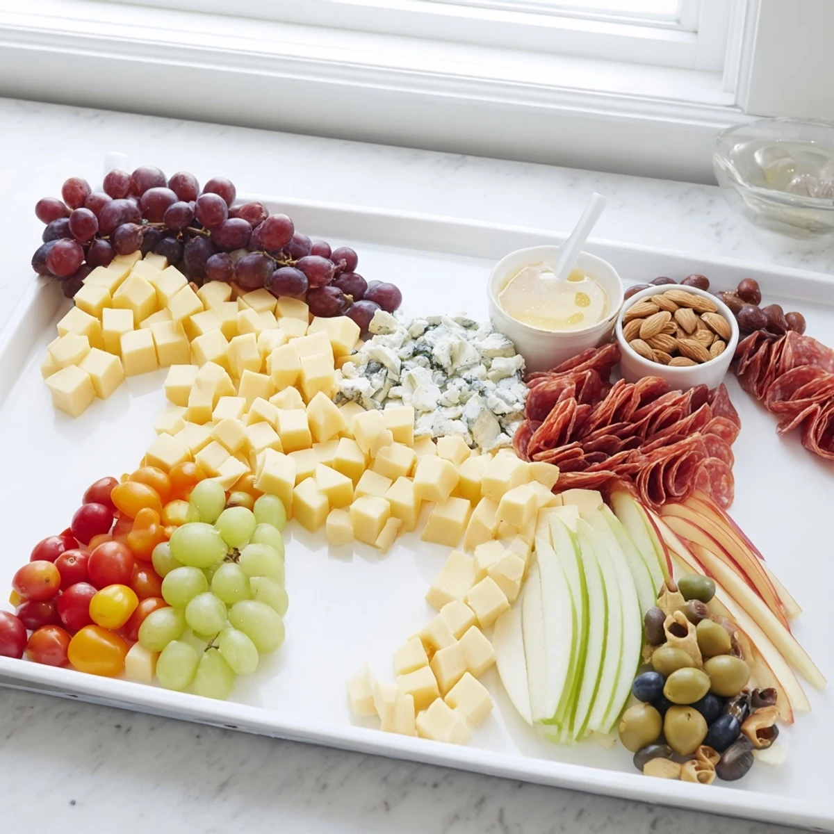 Delicious grazing board shaped like a horse, filled with cheeses, meats, and colorful fruits.