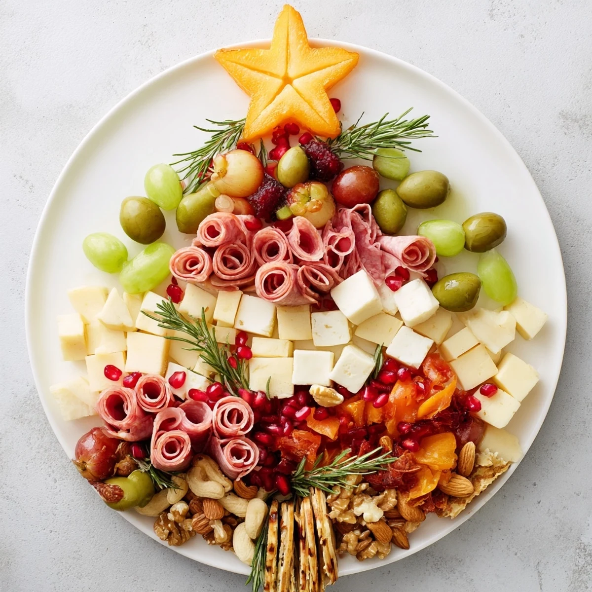 Festive Holiday Tree Appetizer Platter arranged with colorful cheeses and fruit makes a beautiful spread.