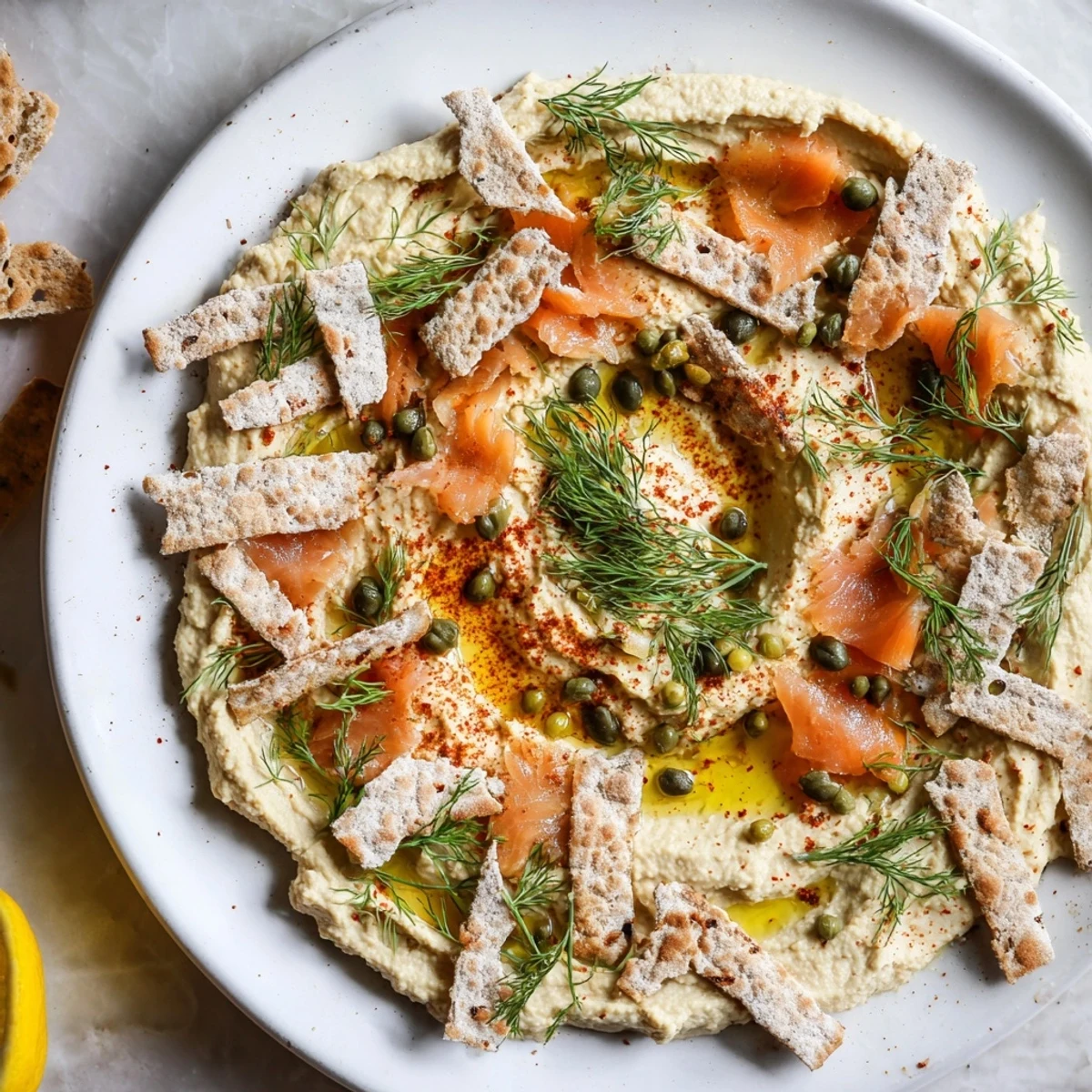 Delectable "Driftwood Beach" appetizer, featuring smoked fish and driftwood crackers on creamy hummus.