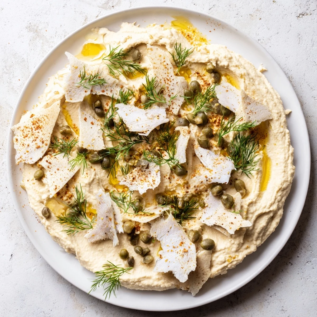 Appetizing close-up shot of "The Driftwood Beach," a pescatarian appetizer with flaked smoked fish.