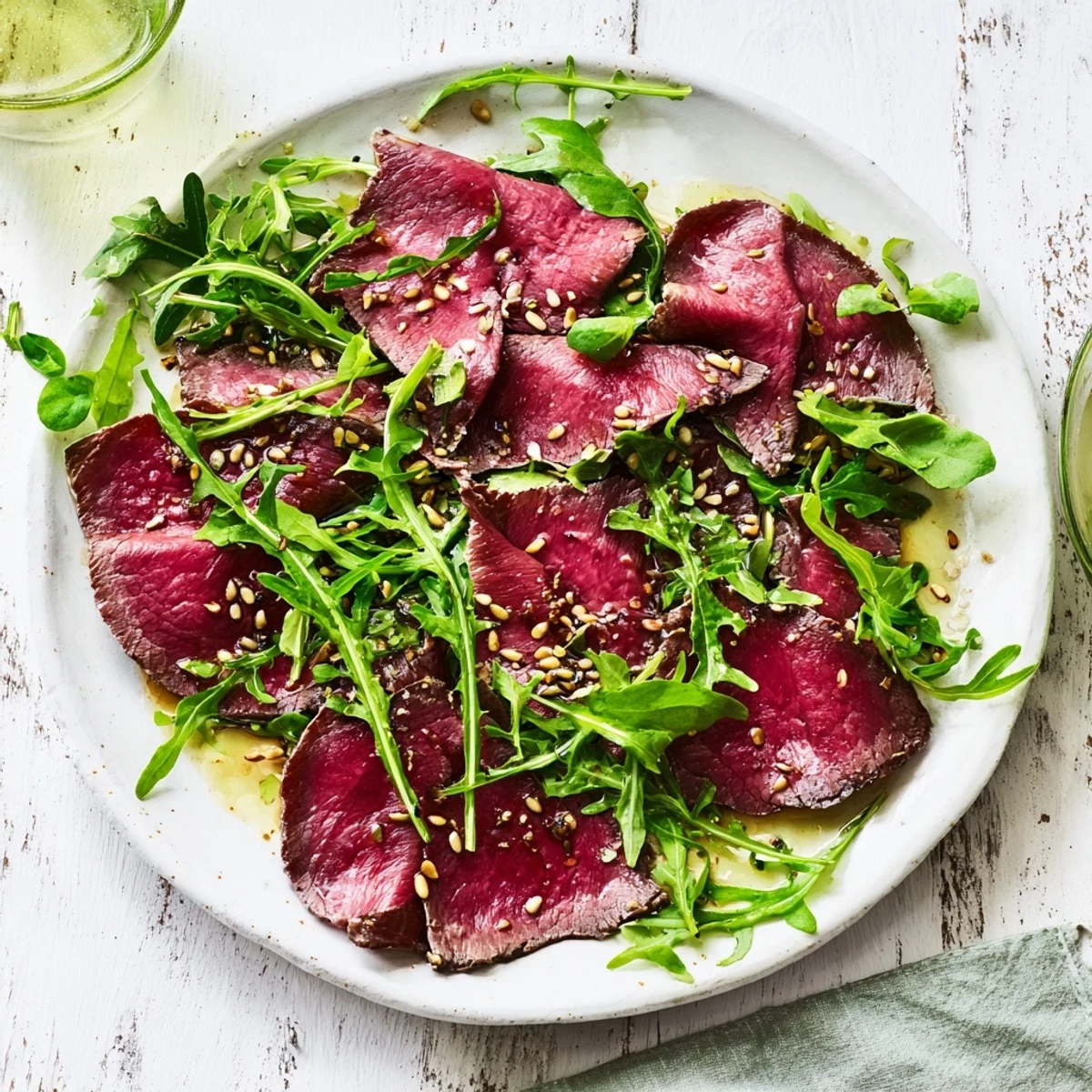 Delicate Origami Fold Beef Appetizer, arranged artfully on a bed of arugula, ready to be enjoyed.
