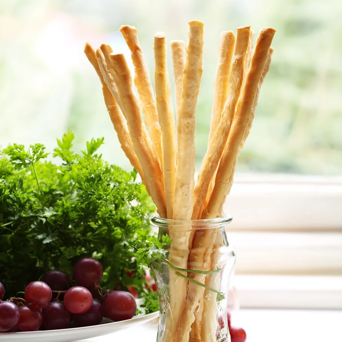 The Vertical Forest appetizer presents breadsticks standing tall with vibrant grape clusters and parsley.