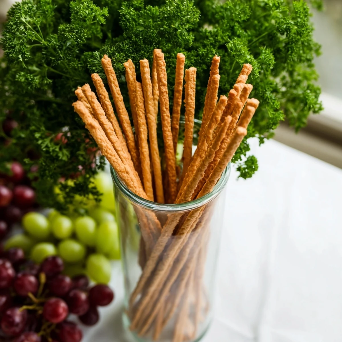 A beautiful serving of The Vertical Forest; breadsticks create a forest with grapes and green parsley.