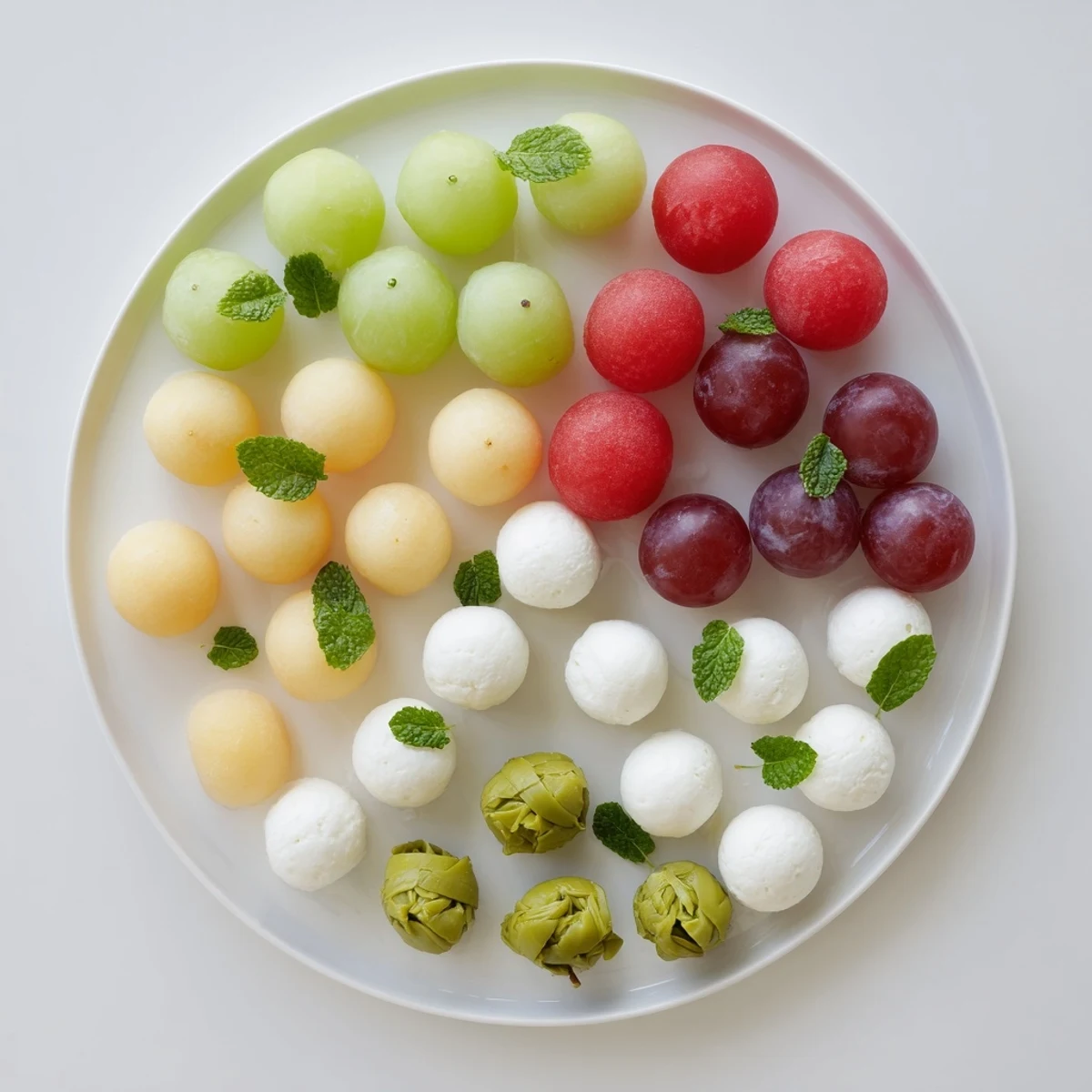 Appetizing Polka Dot Platter featuring vibrant fruit and cheese spheres, ready for any party gathering.