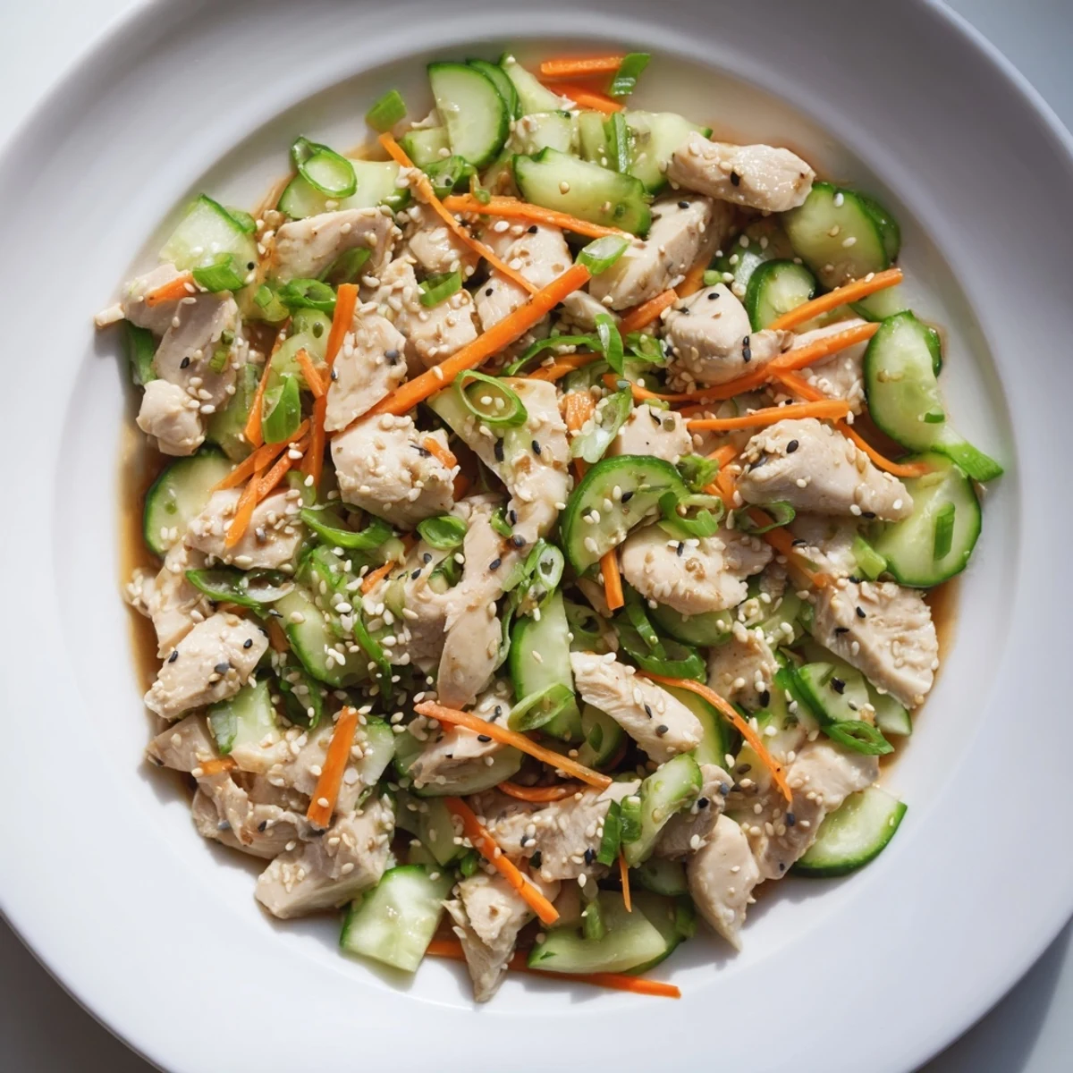 Vibrant deli container shaker chicken salad showcasing tender chicken and crisp vegetables ready to eat.