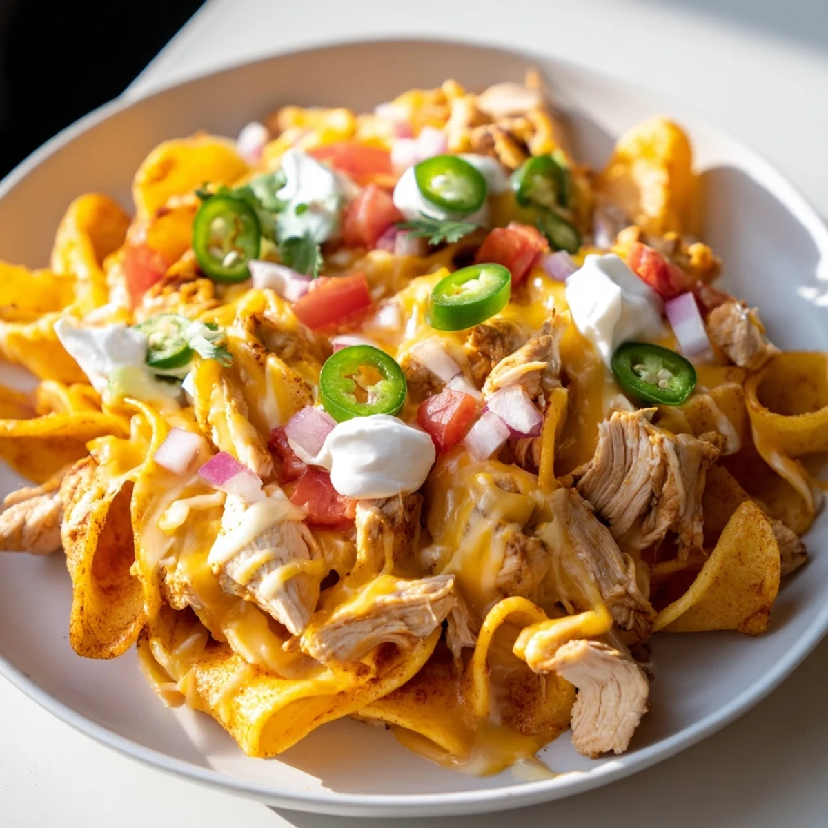 A vibrant photo of Pasta Chip Nachos: a Tex-Mex appetizer with bubbly cheese on air-fried pasta.