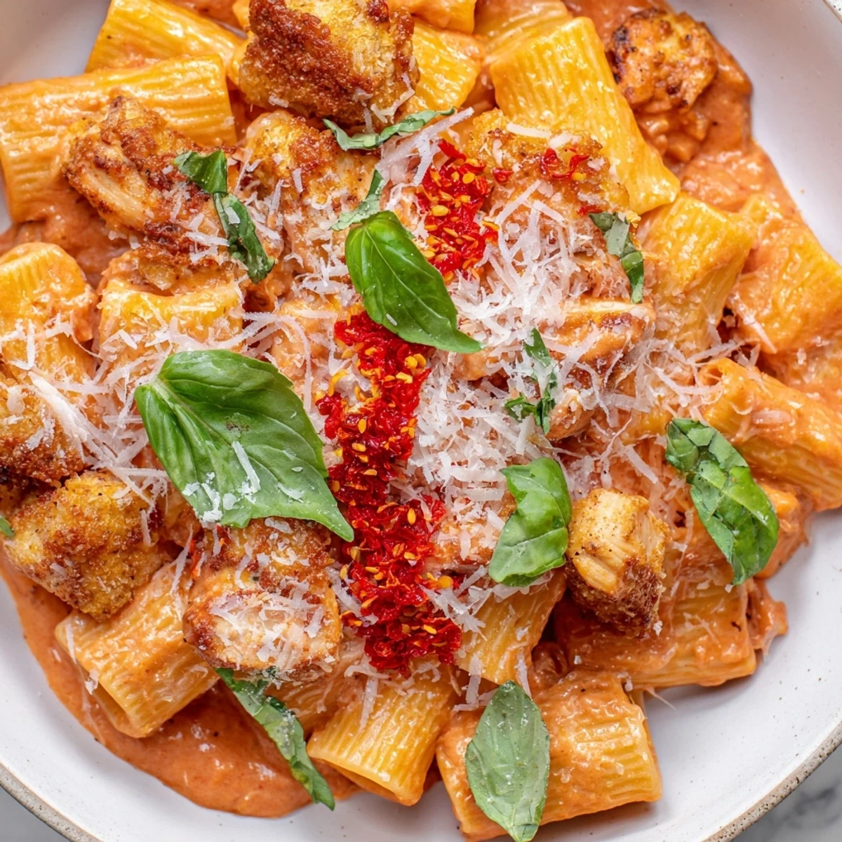 Creamy Spicy Vodka Chicken Pasta, topped with fresh basil and Parmesan, offers a delicious bite.