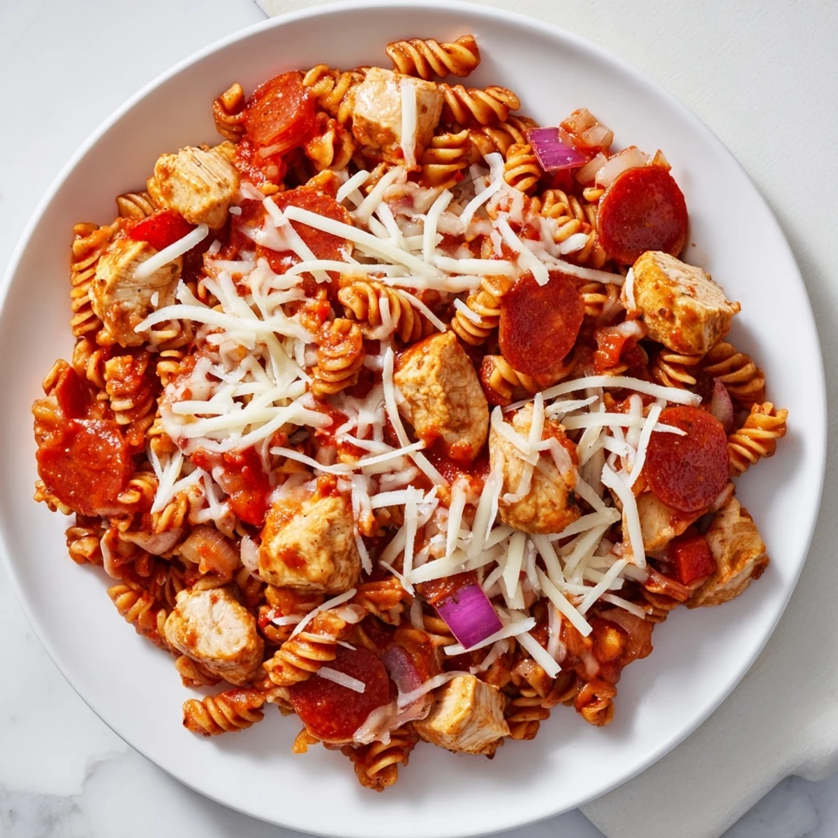 This one-pan pizza pasta features a comforting mix of rotini, pepperoni, and chicken in a vibrant sauce.