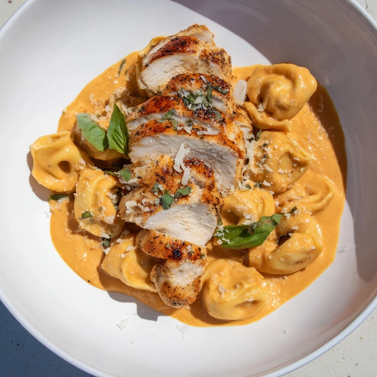 Marry Me Chicken Tortellini bathed in creamy sauce with sun-dried tomatoes and fresh basil garnish.