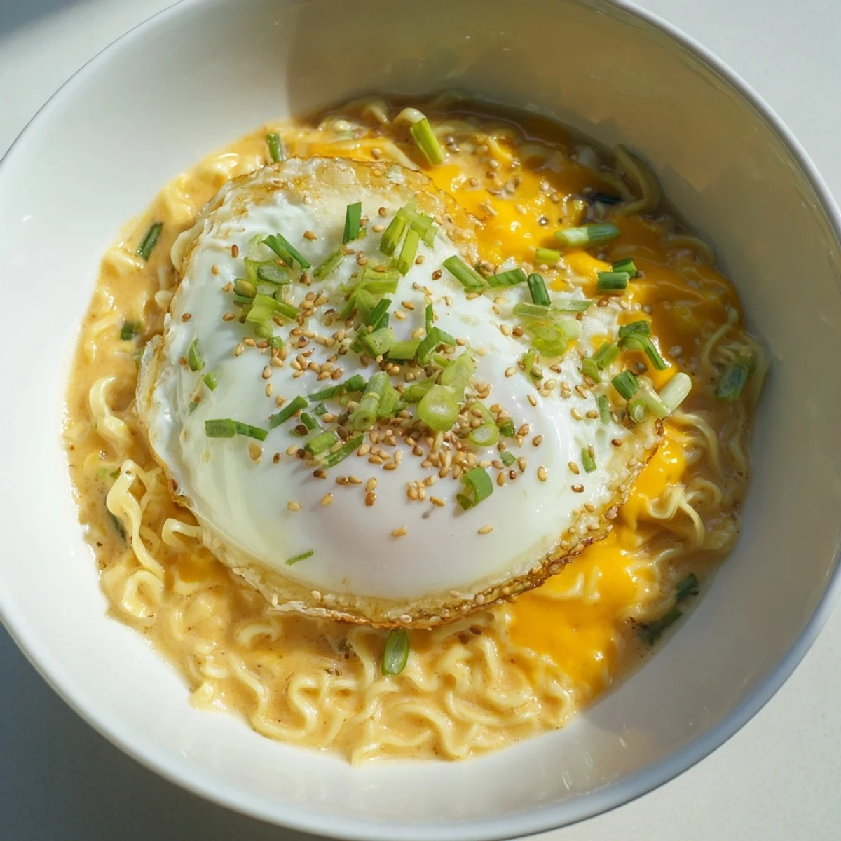 A steaming Instant Cheese Ramen Bowl, with a perfectly poached egg and green onion garnish.