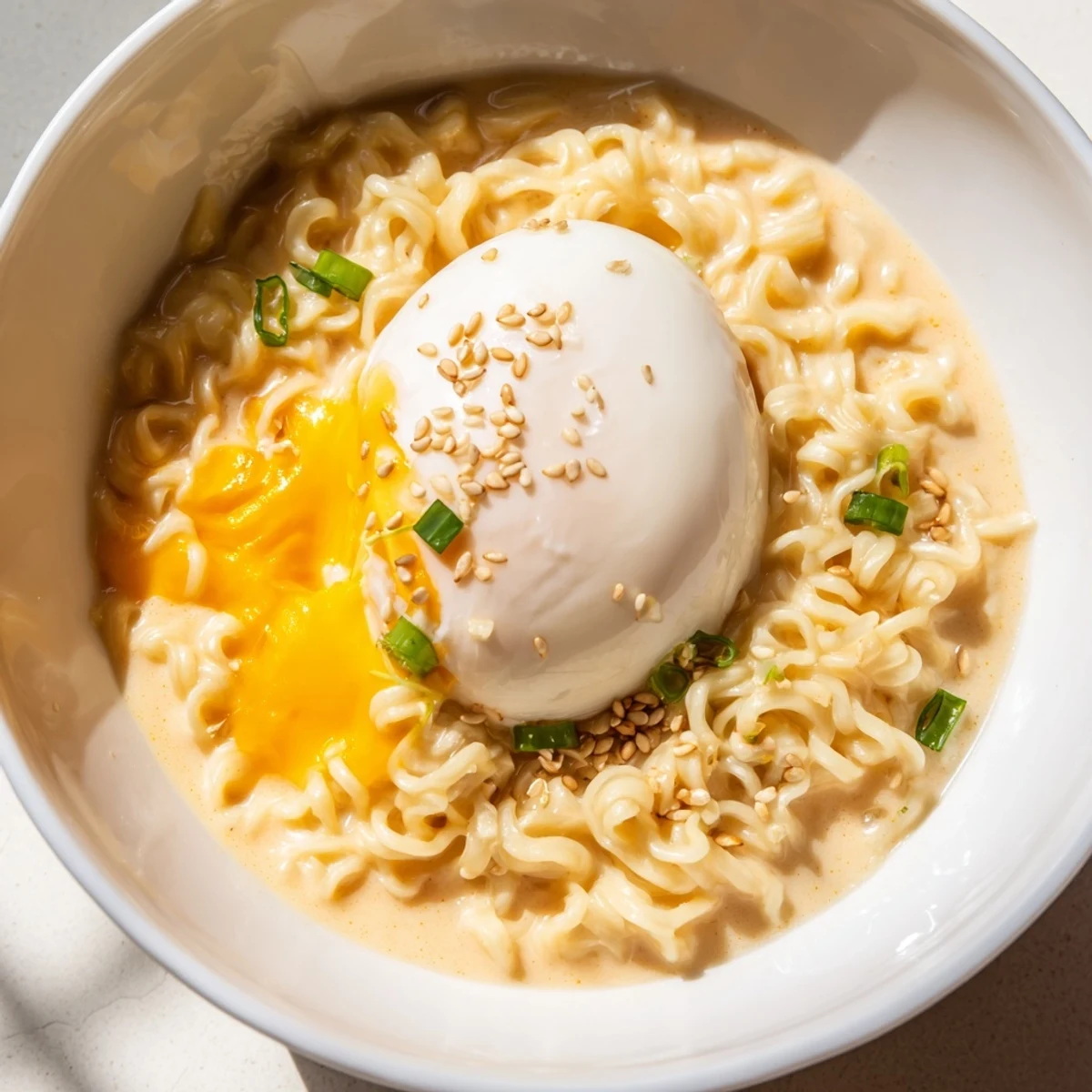 Rich and cheesy Instant Cheese Ramen Bowl, with melted cheese and a sprinkle of sesame seeds.