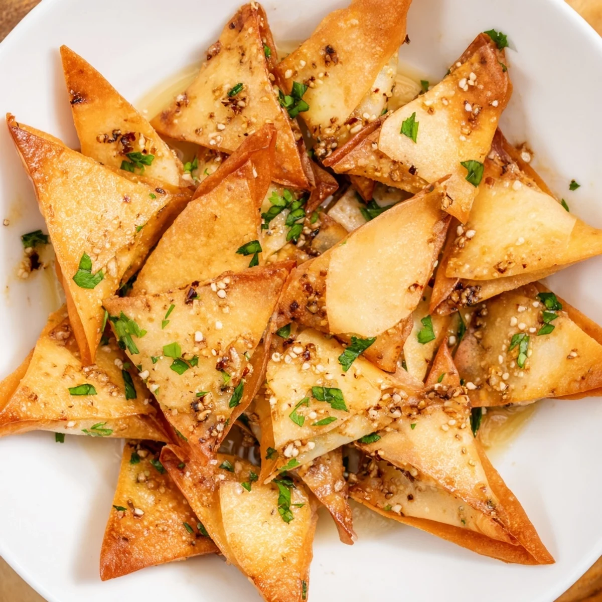 Golden, crispy garlic lumpia chips ready to serve for a delightful vegan snack or appetizer.