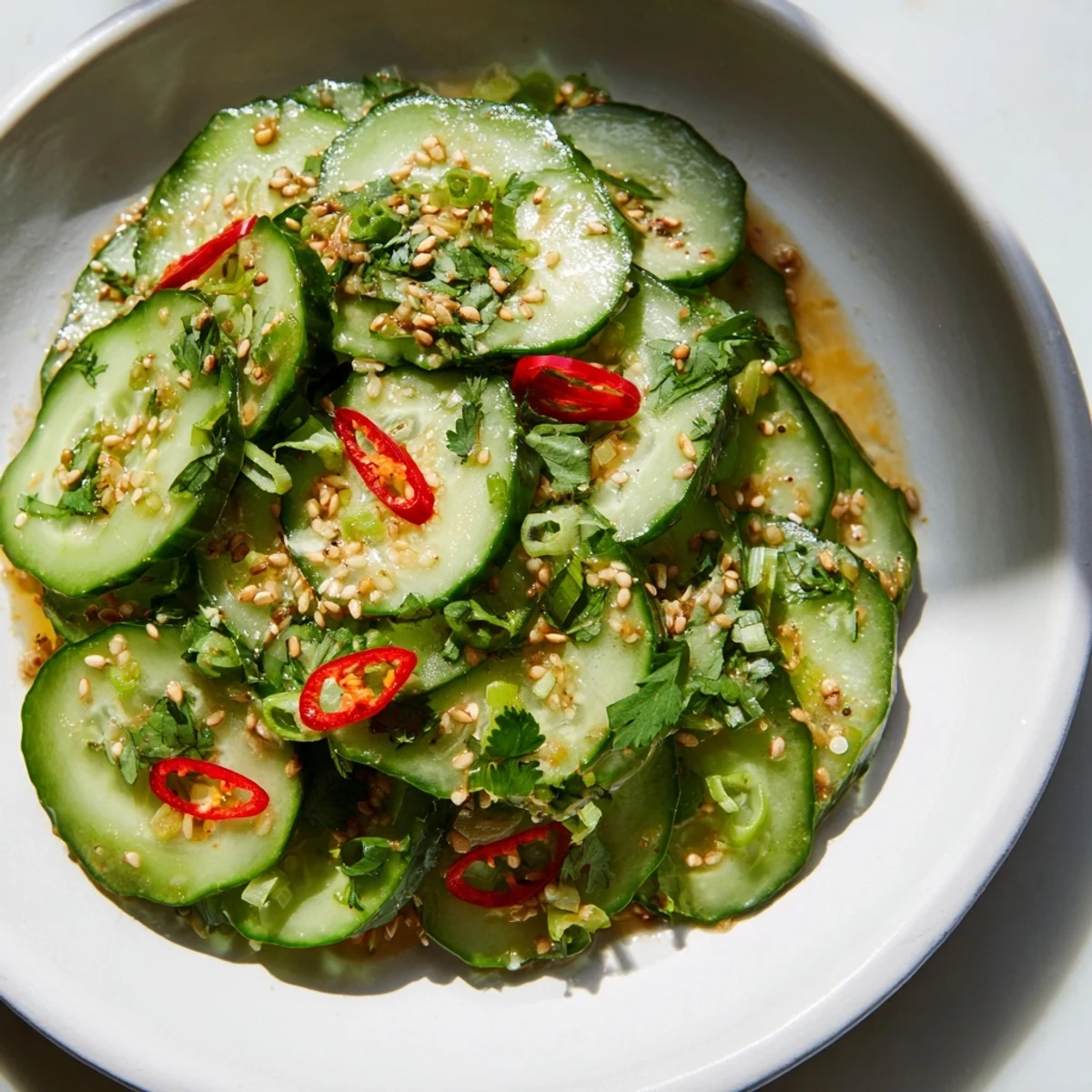 Bright, refreshing Tangy Shaken Asian-Style Cucumber Salad, seasoned with ginger and sesame, a delightful vegan choice.