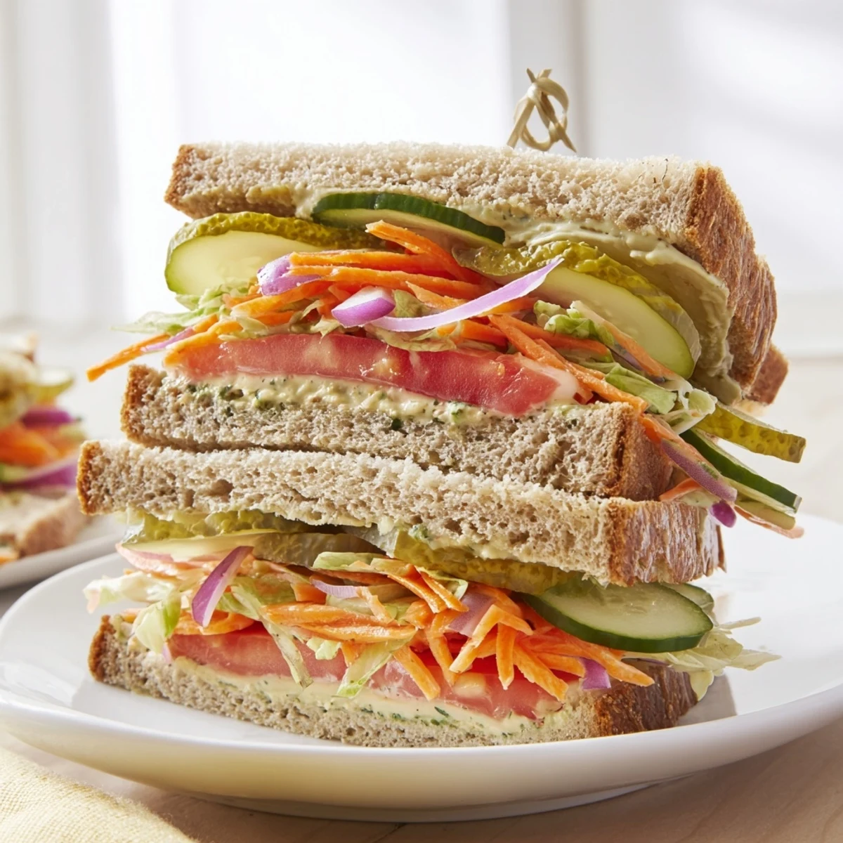 Close-up of a loaded crunchy dill pickle sandwich, a vibrant, vegetarian delight with fresh herbs.