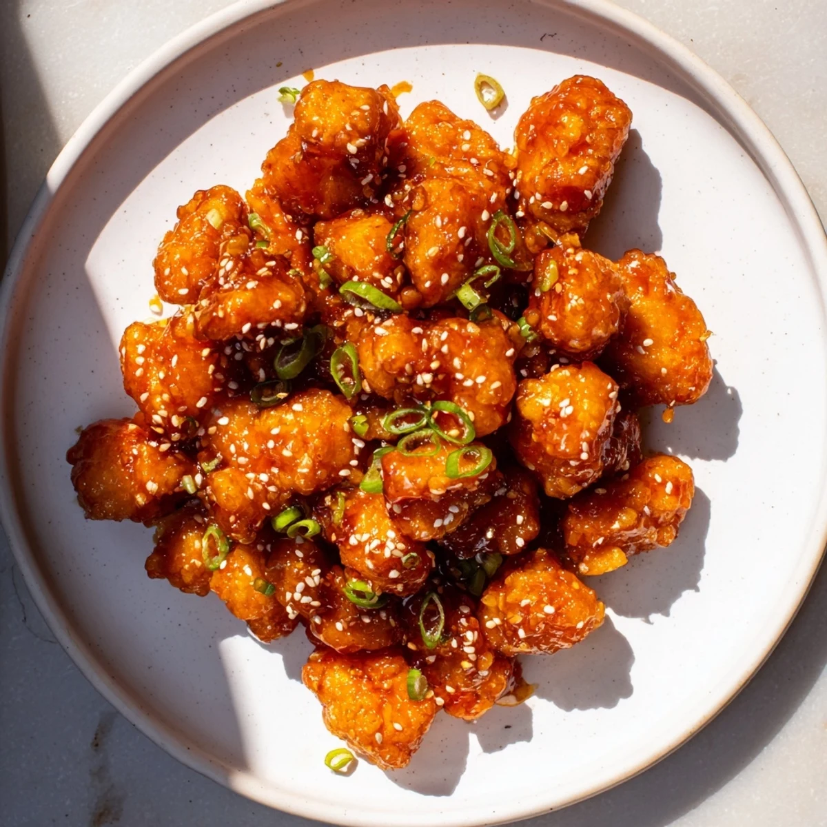 Close-up of sticky Honey-Sriracha Chicken Bites, with sesame seeds, a tasty American-Asian fusion dish.