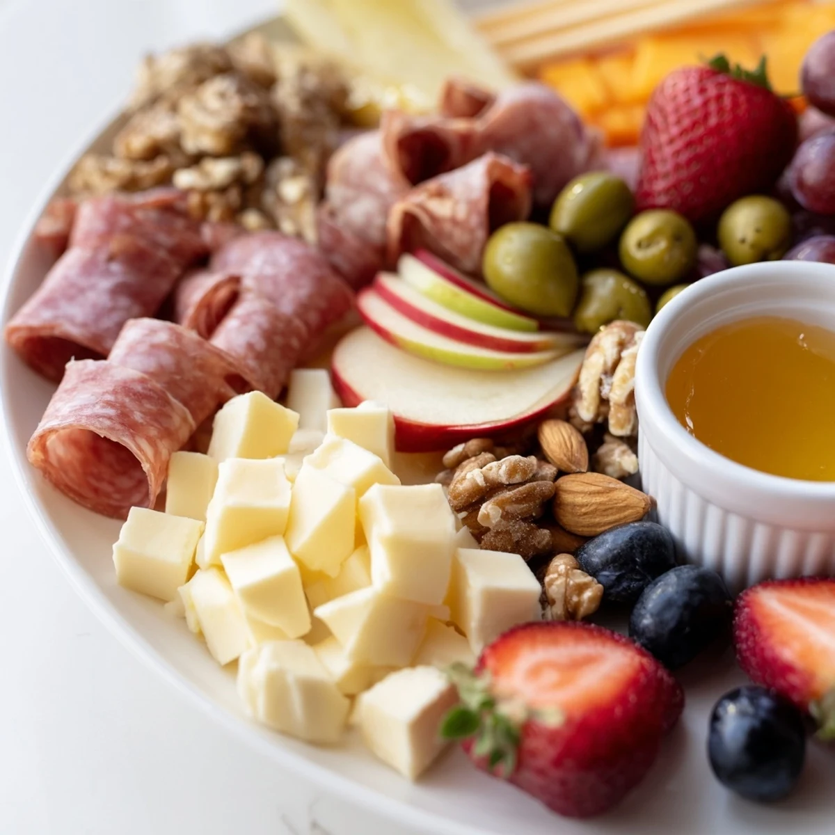 A close-up of a quick charcuterie snack board overflowing with delicious cheeses and meats.