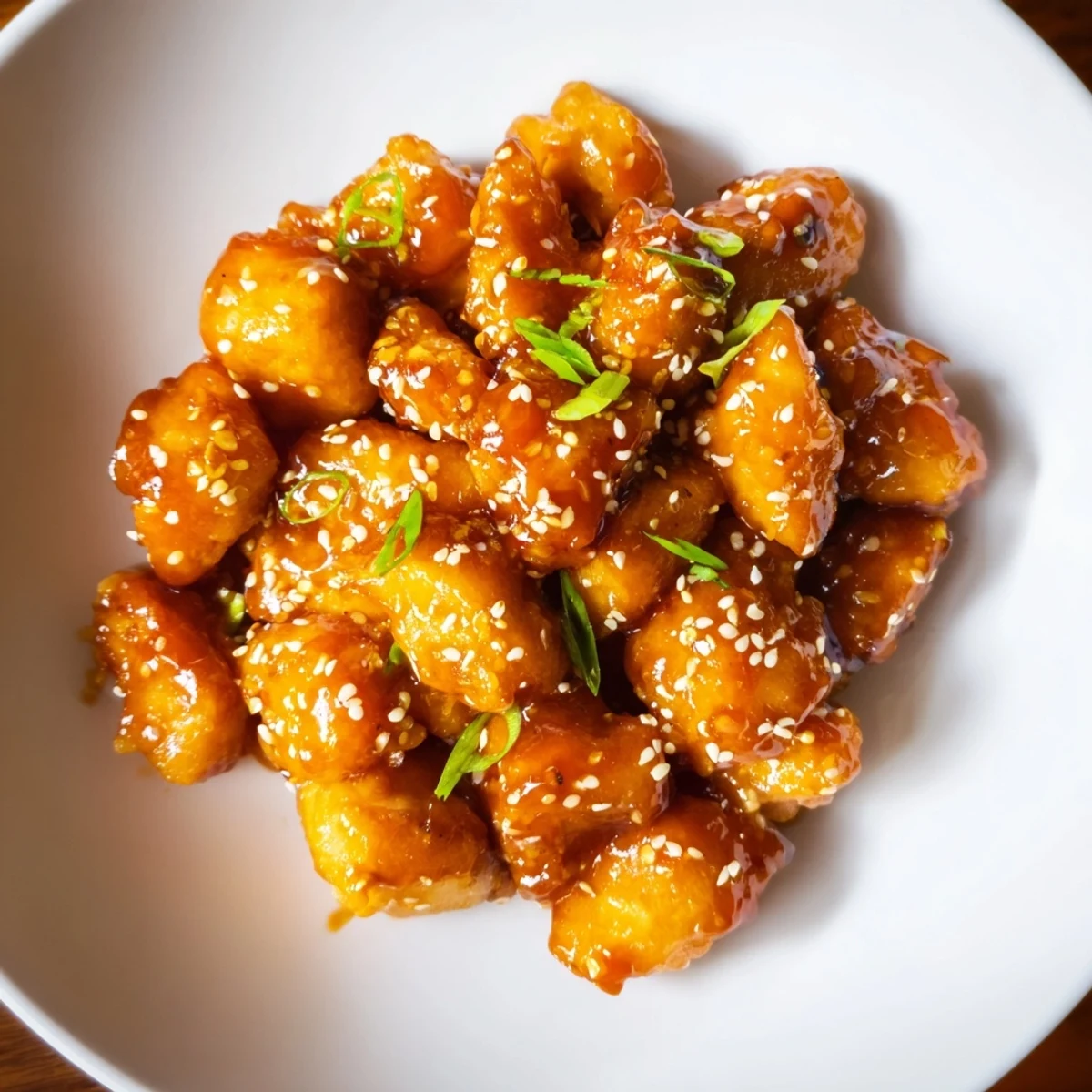 Golden-brown Honey-Sriracha Chicken Bites glistening, coated in a sweet and spicy sauce.