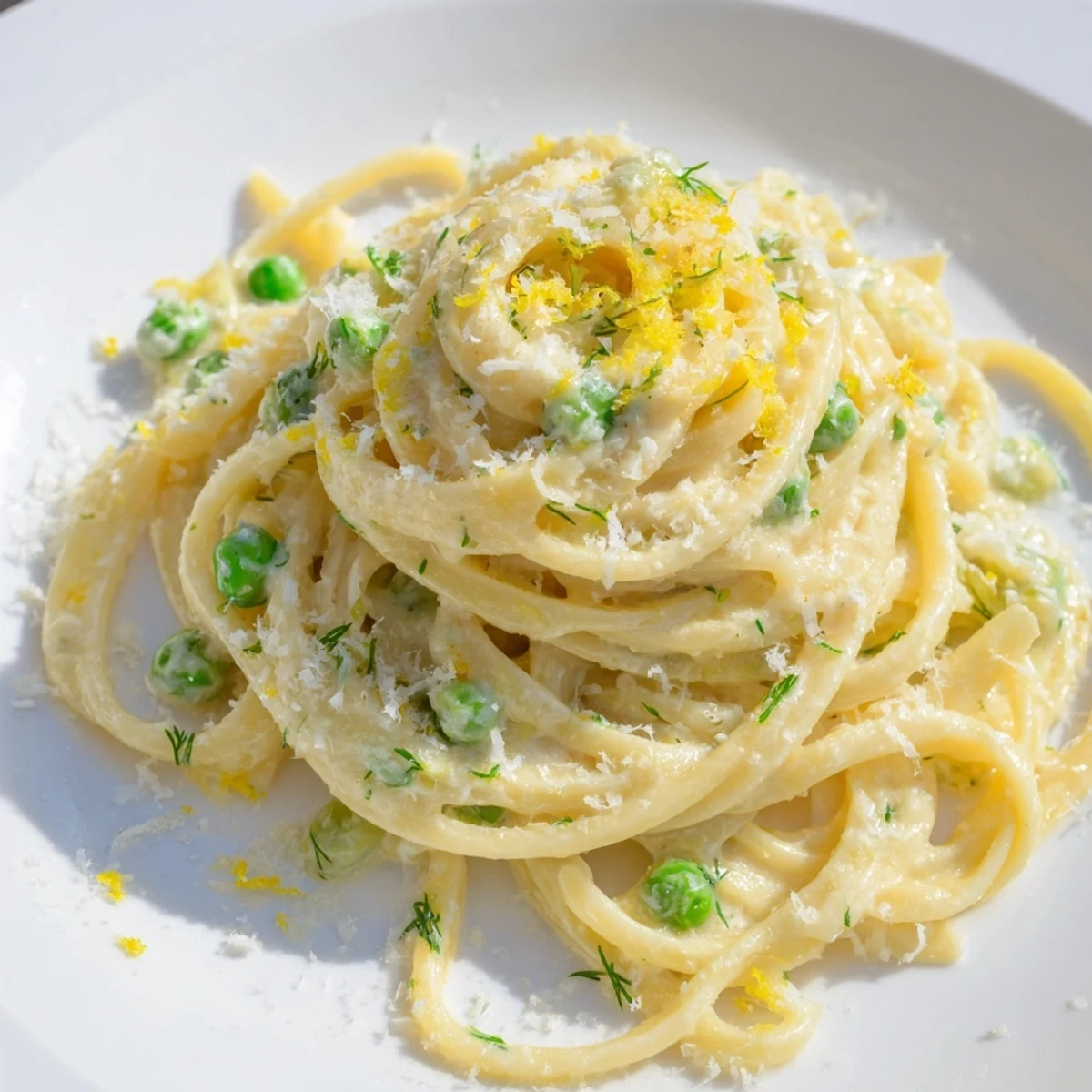 A heaping serving of creamy, vibrant Creamy Dill Pasta, enriched with Parmesan and fresh dill atop a white plate.