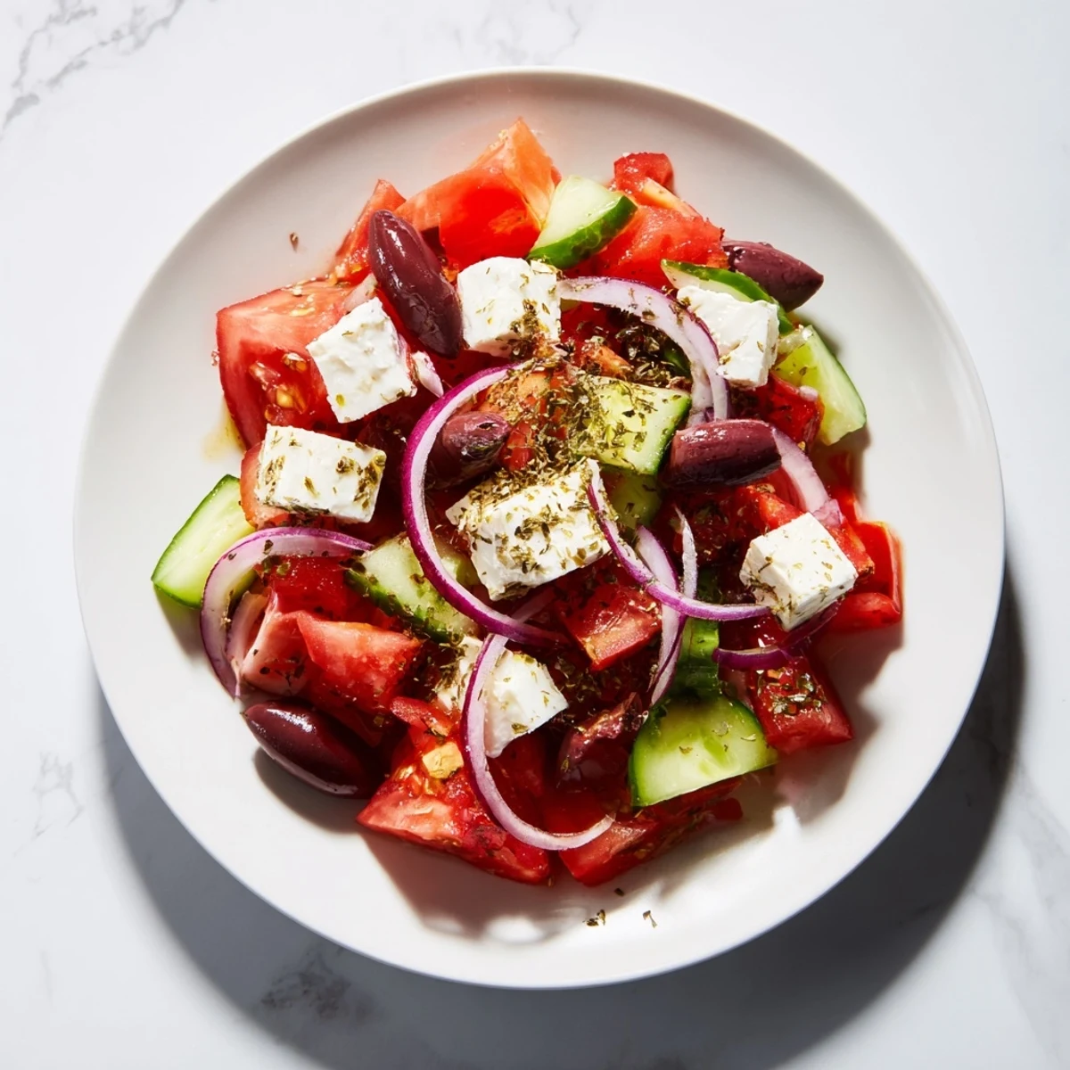 Vibrant Mediterranean Salad, showcasing juicy tomatoes, feta, and olives, dressed with olive oil and spices.