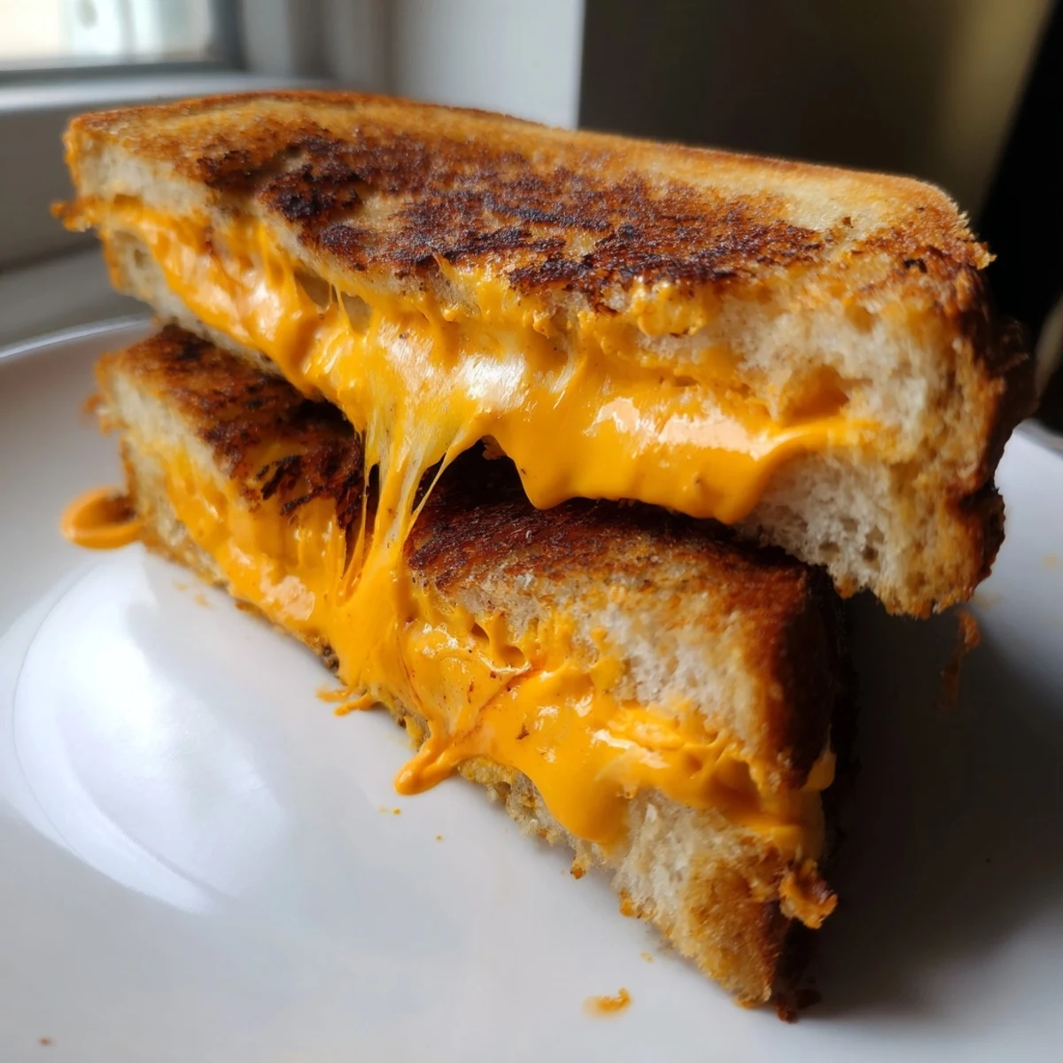 Golden-brown Spiked Grilled Cheese with sriracha mayo, bubbling cheese, and crispy bread ready to serve.