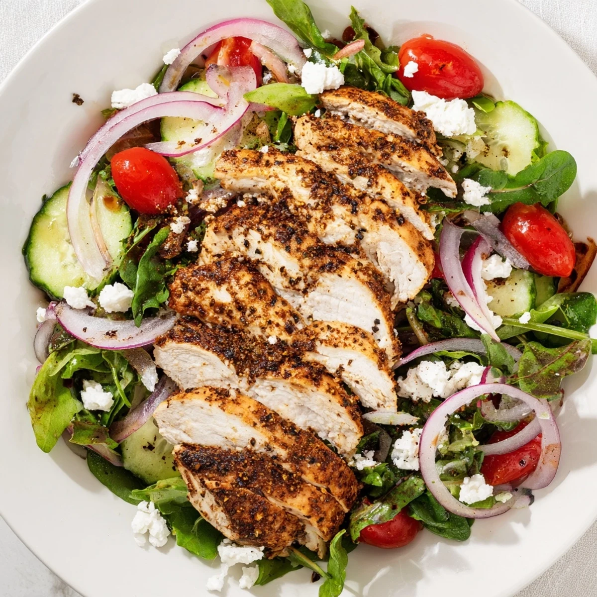 Imagine a delicious Quick Pan-Seared Chicken Salad: savory chicken on a bed of greens, ready to eat.