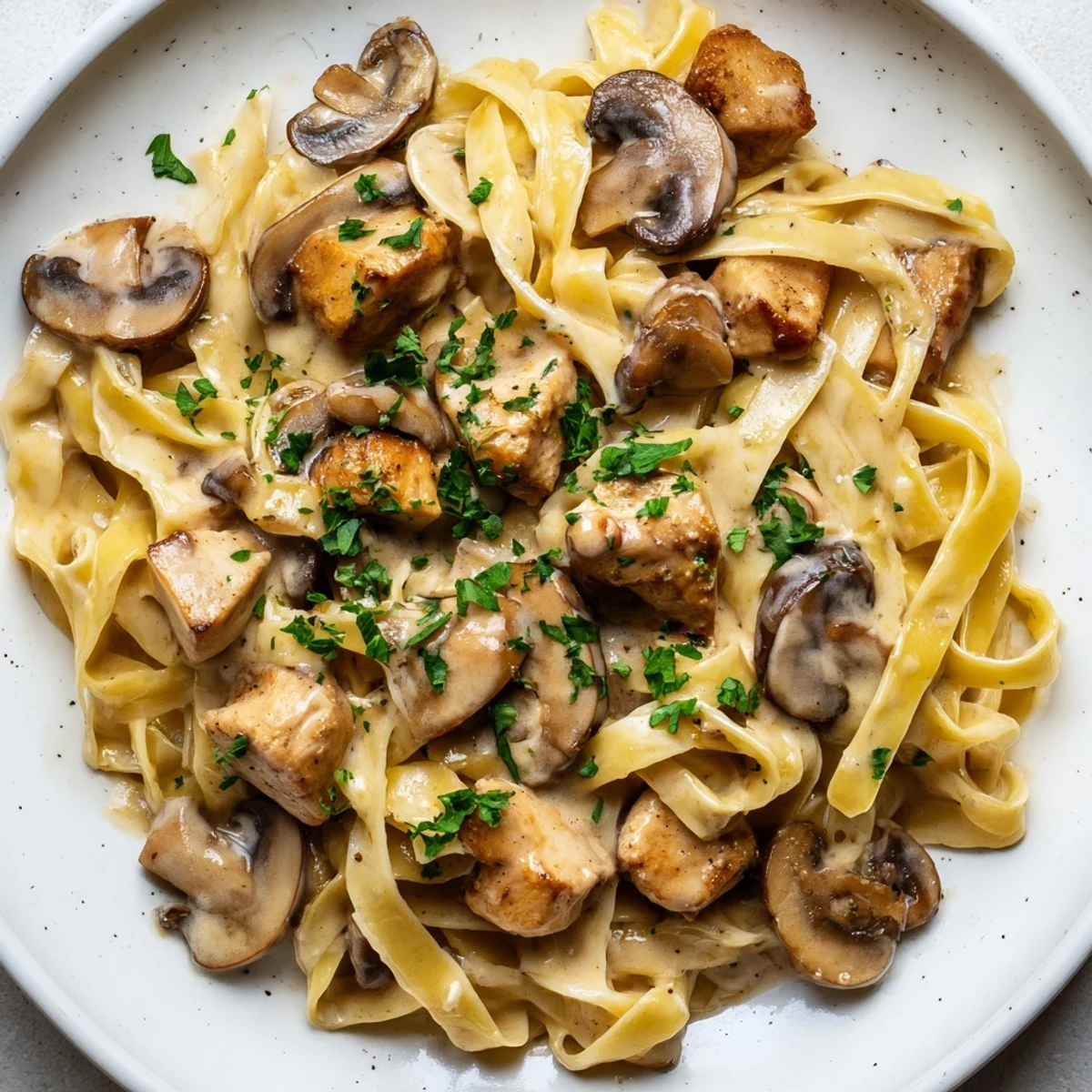 Creamy Mushroom Chicken Pasta: a comforting plate of pasta, chicken, and mushrooms, coated in a luscious sauce.