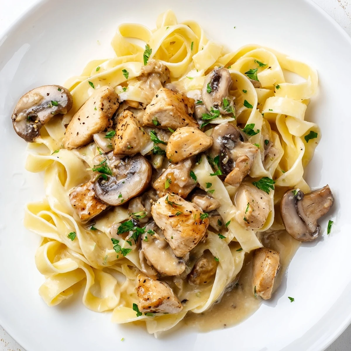 Imagine a close-up: flavorful Creamy Mushroom Chicken Pasta, creamy and rich, ready to enjoy.
