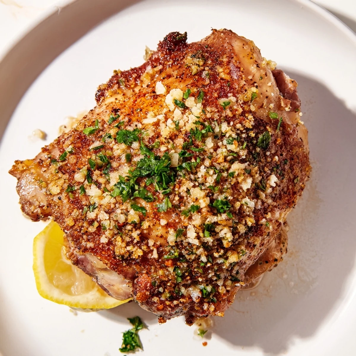 Golden, crispy garlic chicken thighs with flavorful skin, ready to serve with lemon wedges.