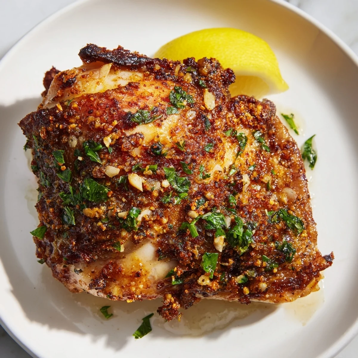 Close-up of perfectly cooked crispy garlic chicken thighs, boasting a delicious, garlic-infused crust.