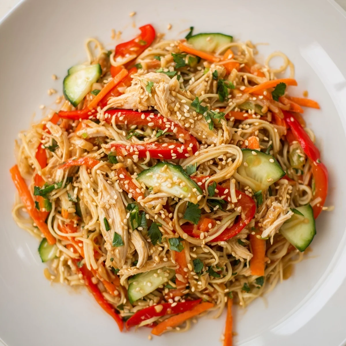 A vibrant bowl of Chilled Chicken Noodle Salad with sesame dressing, ready to eat.