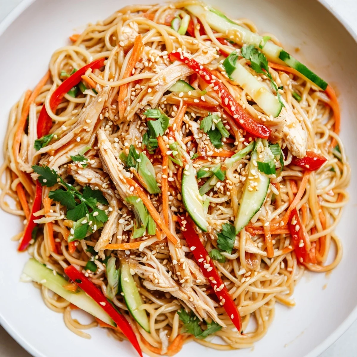 Delicious Chilled Chicken Noodle Salad, featuring colorful vegetables and tender chicken, served cold.