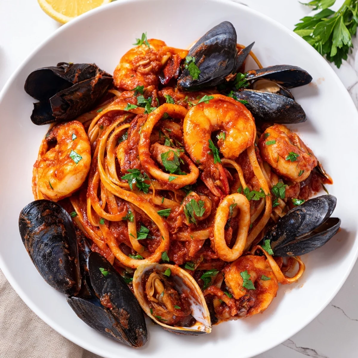 Steaming Seafood Marinara Pasta, featuring tender shrimp and mussels, in a rich tomato sauce, ready to serve.