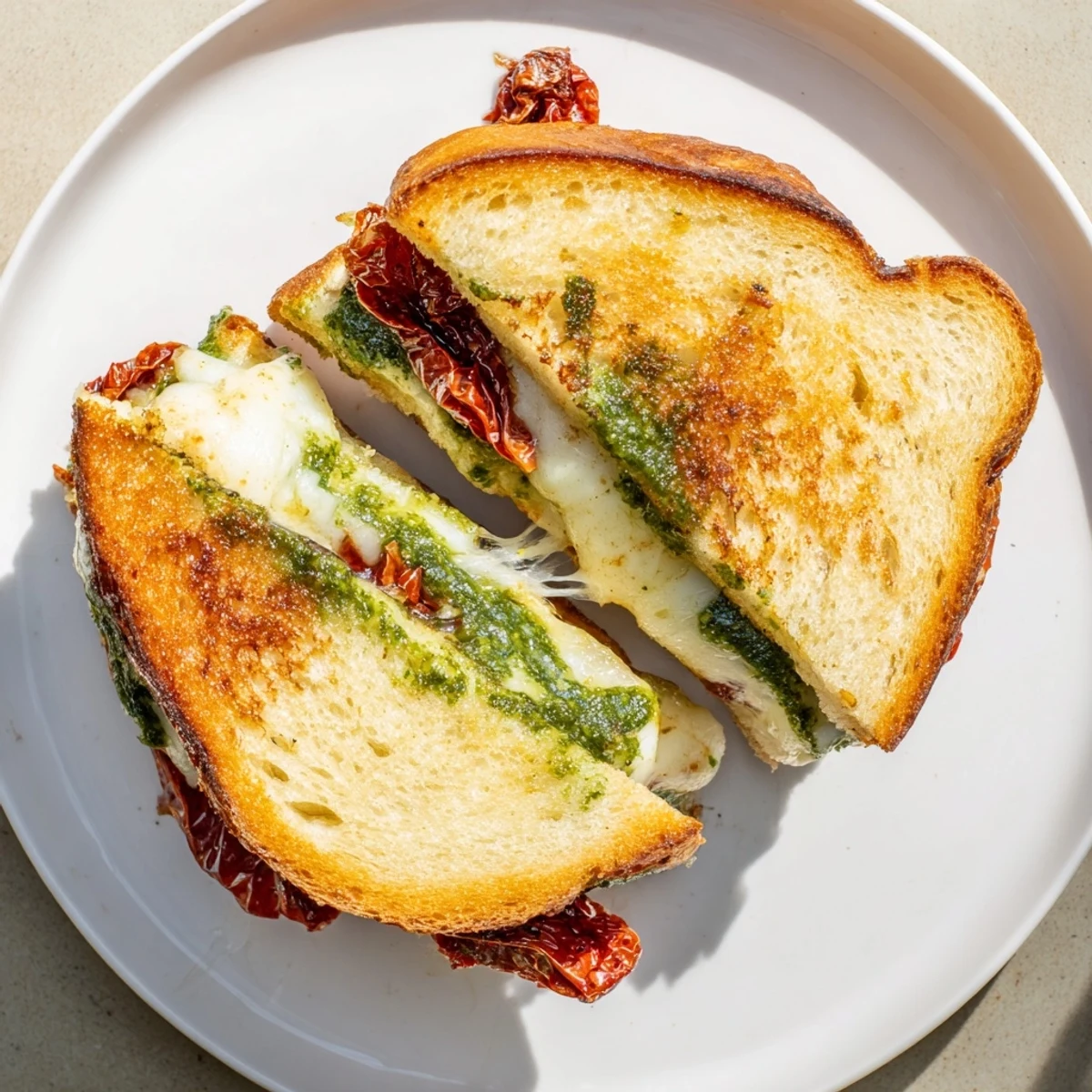 A close-up of a perfectly grilled Pesto Grilled Cheese, with sun-dried tomatoes peeking from inside.