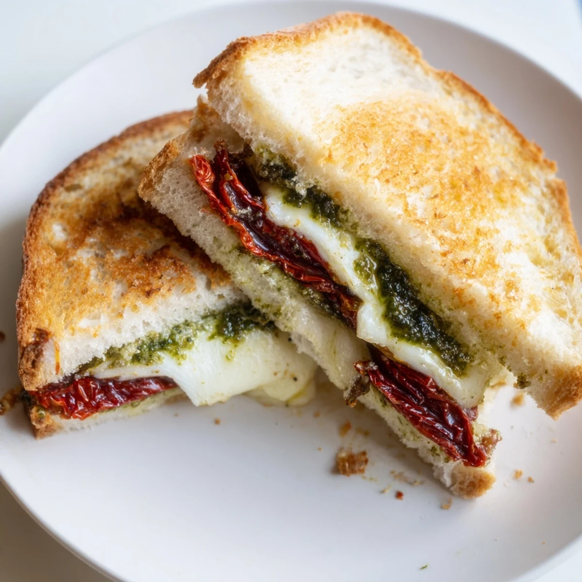 Enjoy a warm and comforting Pesto Grilled Cheese featuring melted mozzarella and toasted sourdough.