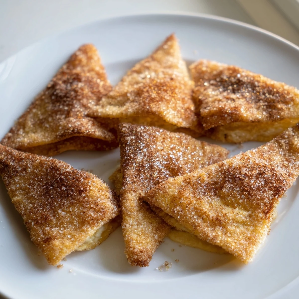Golden-brown Cinnamon Sugar Tortilla Chips, warm and crispy, perfect for dipping in chocolate sauce.