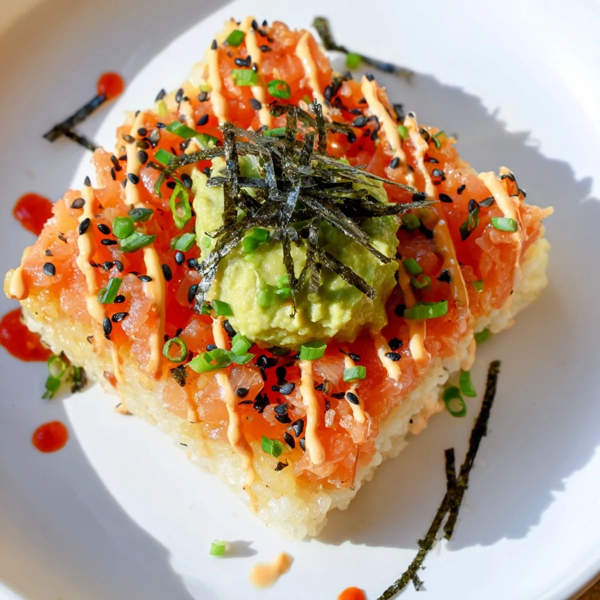 Imagine a delicious Crispy Rice Salmon Stack with perfectly seasoned salmon and a drizzle of spicy mayo.