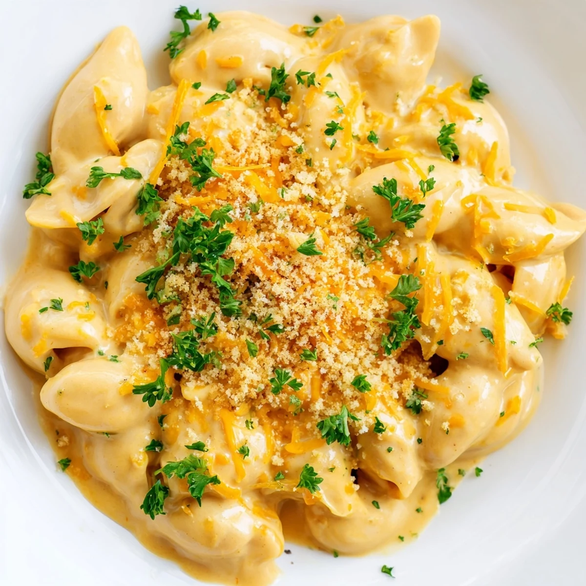 A close-up of creamy high-protein mac & cheese, ready to serve with fresh parsley garnish.