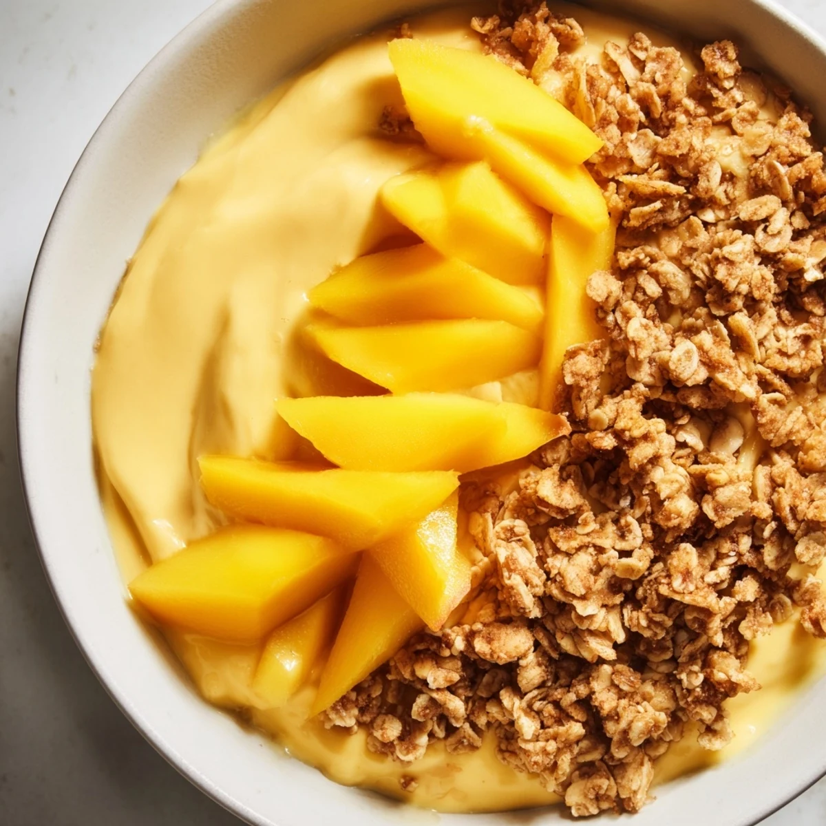 Vibrant photo of mango blended overnight oats, speckled with granola, ready to be eaten for a cool start.