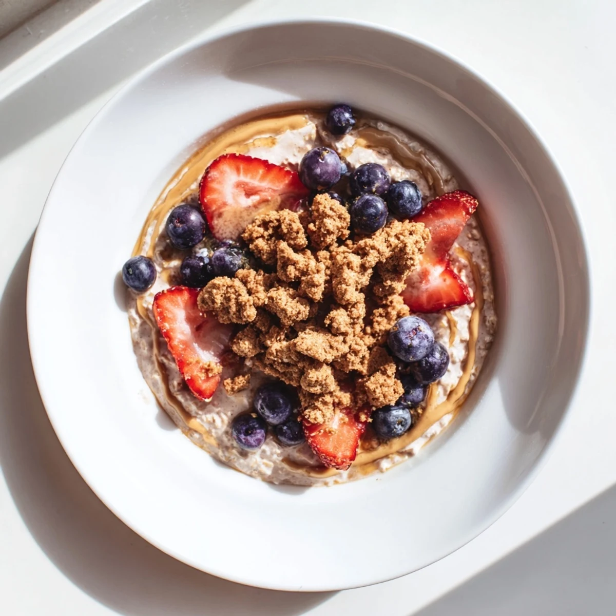 Creamy overnight oats gourmet makeover with cookie crumbles, nut butter swirl, and fresh berries, delicious!